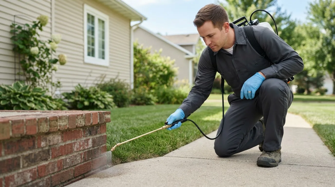 Pest control technician treating a home near Hawkinsville, GA